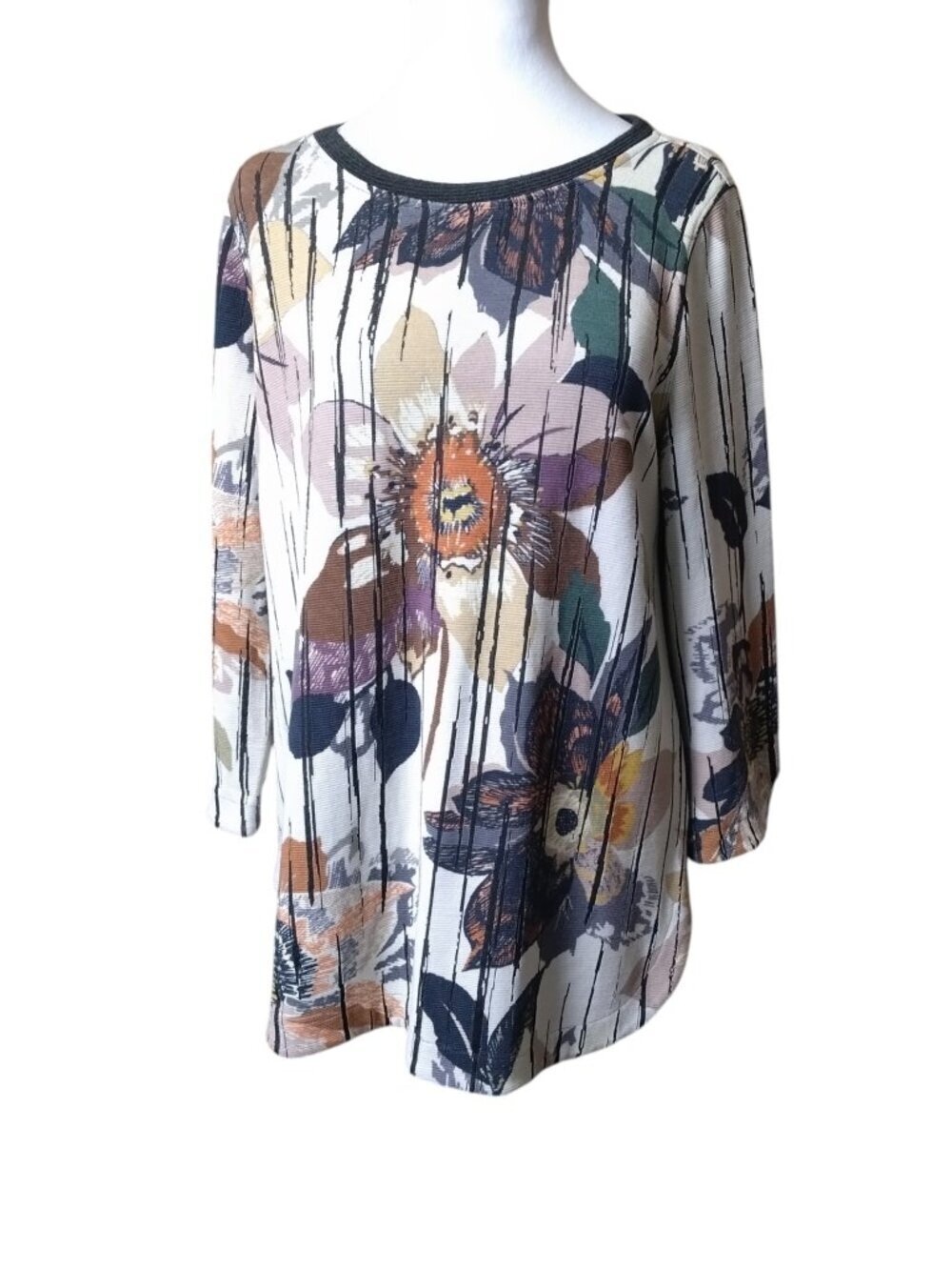 John Mark Floral Mixed Media Ribbed Knit Top 3/4 Sleeve Size Small Pullover Boho